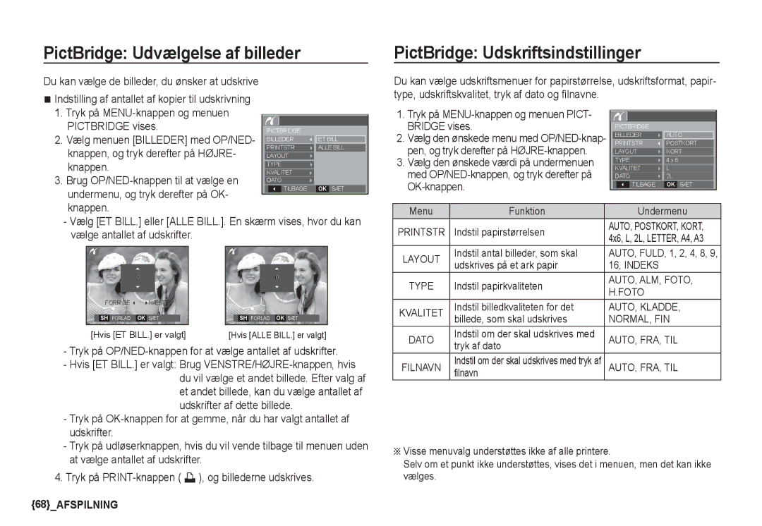 Samsung EC-S1050BDA/DE, EC-S1060BDA/E3, EC-S1060SDA/E3 PictBridge Udvælgelse af billeder, PictBridge Udskriftsindstillinger 