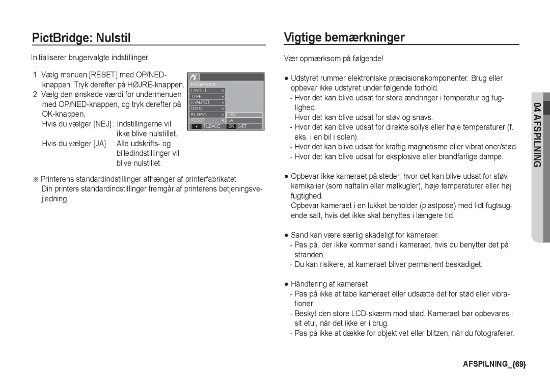 Samsung EC-S1050SBB/E2, EC-S1060BDA/E3 PictBridge Nulstil, Vigtige bemærkninger, Initialiserer brugervalgte indstillinger 