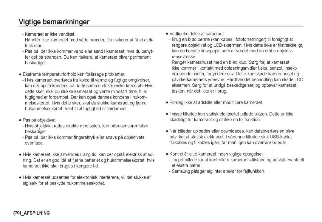 Samsung EC-S1060BBA/E2, EC-S1060BDA/E3, EC-S1060SDA/E3 manual Forsøg ikke at adskille eller modificere kameraet, 70AFSPILNING 