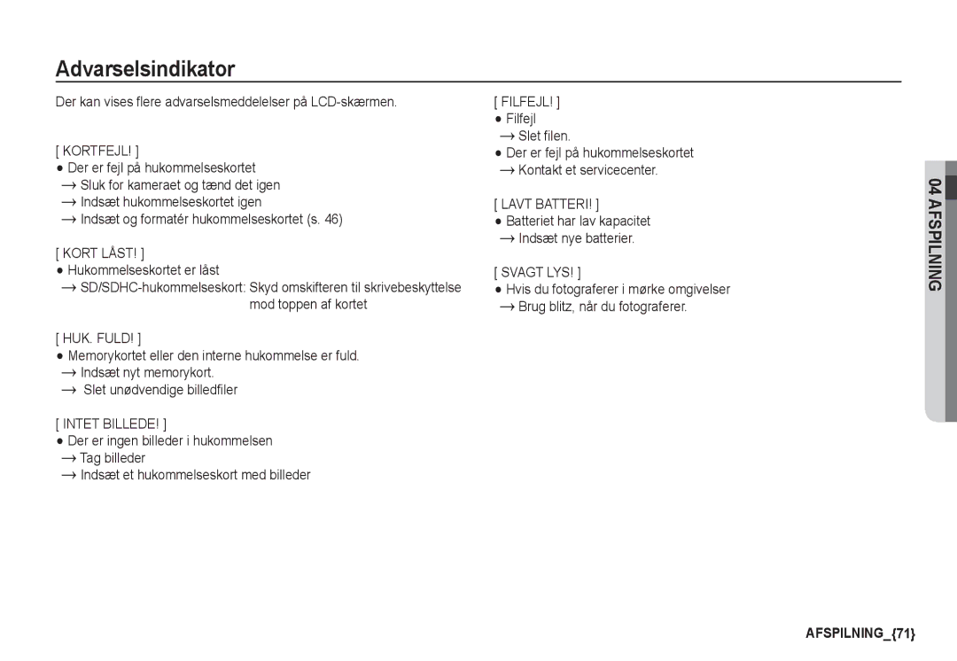 Samsung EC-S1050SDA/DE Der kan vises flere advarselsmeddelelser på LCD-skærmen, Indsæt og formatér hukommelseskortet s 