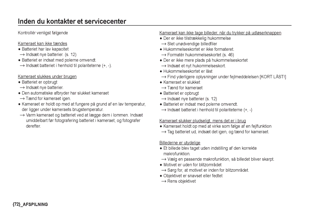 Samsung EC-S1050BBB/E2 manual Inden du kontakter et servicecenter, Formatér hukommelseskortet s, Indsæt nye batterier s 