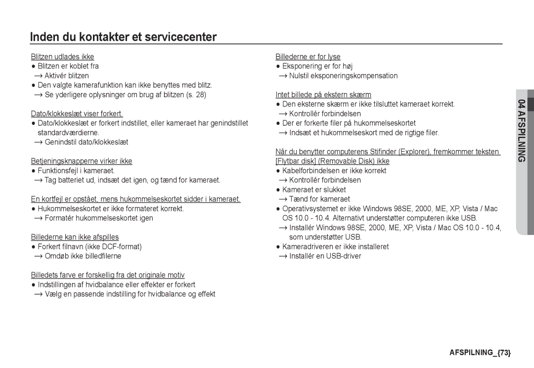 Samsung EC-S1050SFG/E2, EC-S1060BDA/E3, EC-S1060SDA/E3 manual Blitzen udlades ikke Blitzen er koblet fra Aktivér blitzen 