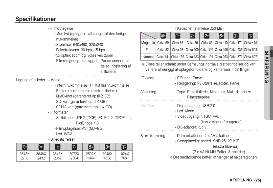 Samsung EC-S1050SBC/E2 manual Specifikationer, Gelse, Kopiering af stillbillede Lagring af billeder Medie, Filmoptagelse 