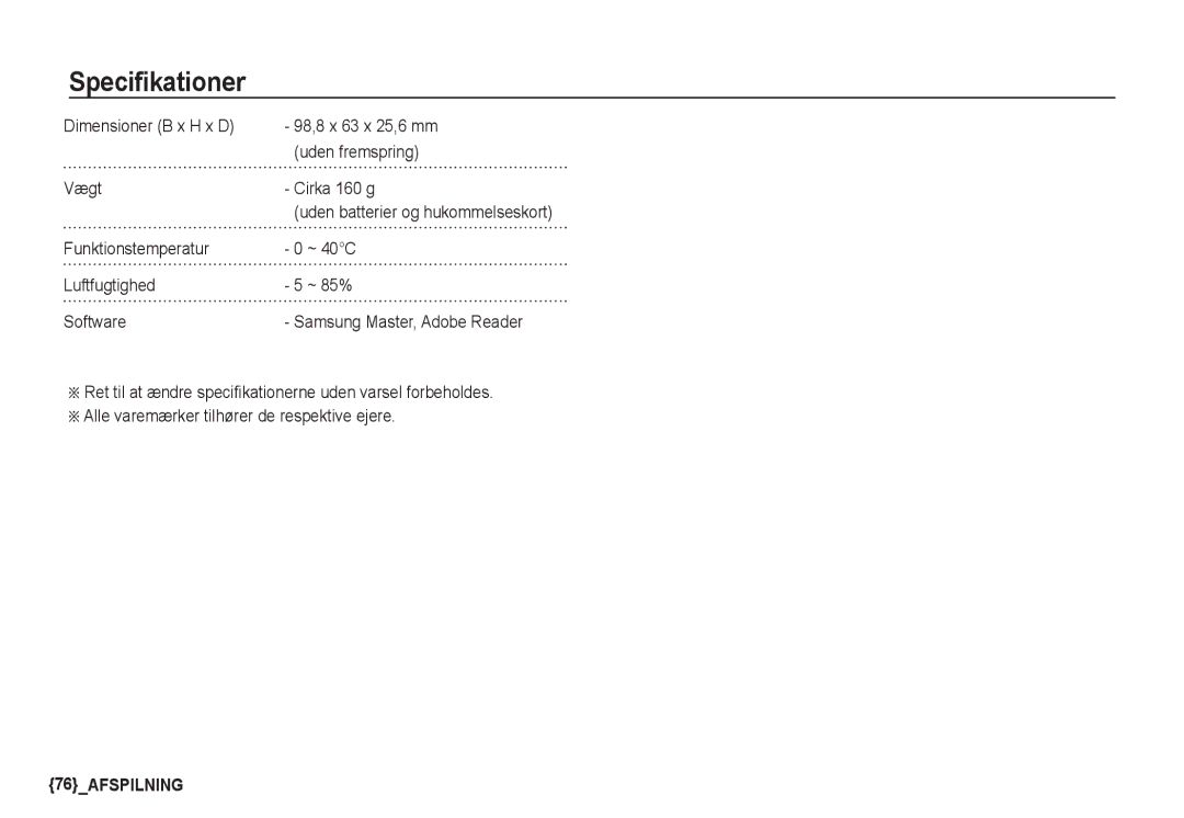 Samsung EC-S1060BDA/E3 manual Funktionstemperatur ~ 40C Luftfugtighed ~ 85% Software, Samsung Master, Adobe Reader 