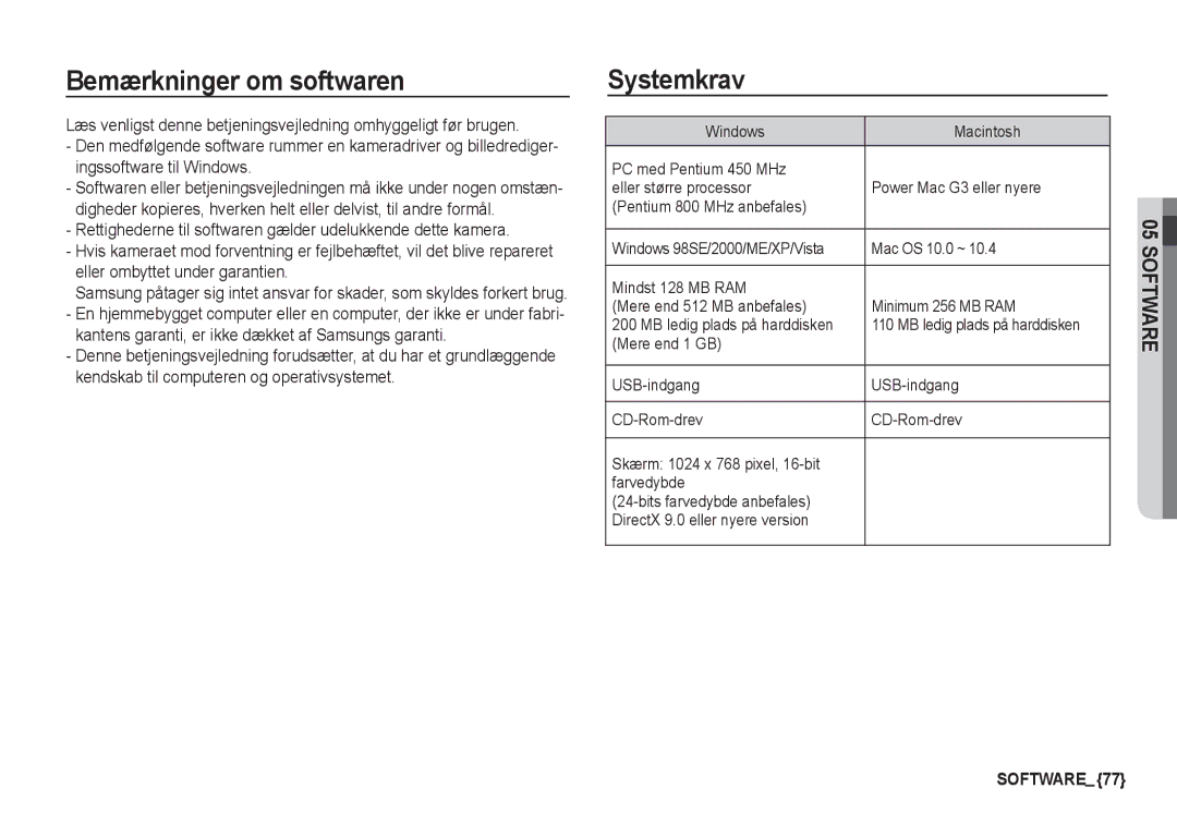 Samsung EC-S1060SDA/E3, EC-S1060BDA/E3, EC-S1060SBA/E2, EC-S1050BDA/DE, EC-S1050SBB/E2 Bemærkninger om softwaren, Systemkrav 