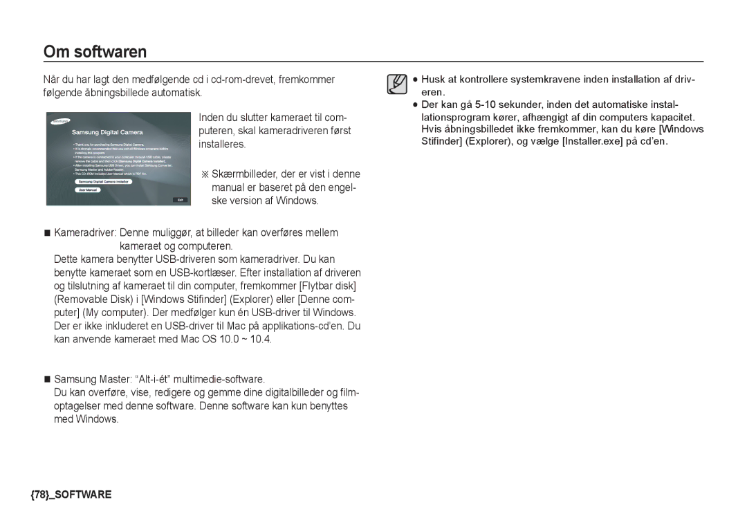 Samsung EC-S1060SBA/E2, EC-S1060BDA/E3, EC-S1060SDA/E3, EC-S1050BDA/DE, EC-S1050SBB/E2, EC-S1060BBA/E2 manual Om softwaren 