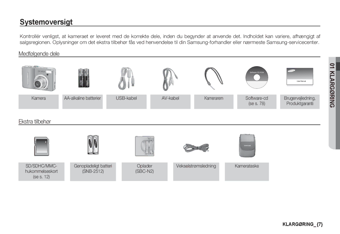 Samsung EC-S1050SFG/E2, EC-S1060BDA/E3 manual Systemoversigt, Medfølgende dele, Ekstra tilbehør, Vekselstrømsledning 