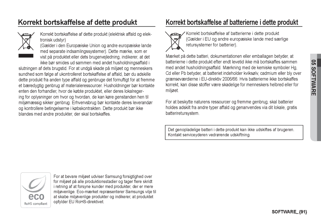 Samsung EC-S1050SBB/E2 manual Korrekt bortskaffelse af dette produkt, Korrekt bortskaffelse af batterierne i dette produkt 