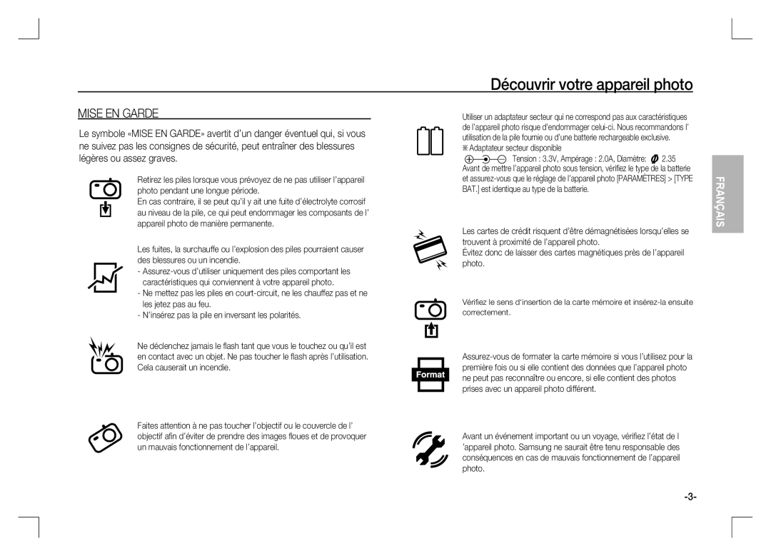 Samsung EC-S1060SDC/AS, EC-S1060BDA/E3, EC-S1060SDA/E3, EC-S1060SBA/E2 manual Mise EN Garde, Adaptateur secteur disponible 