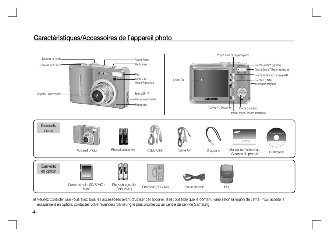 Samsung EC-S1060BBA/RU manual Caractéristiques/Accessoires de l’appareil photo, Éléments Inclus, Éléments en option 