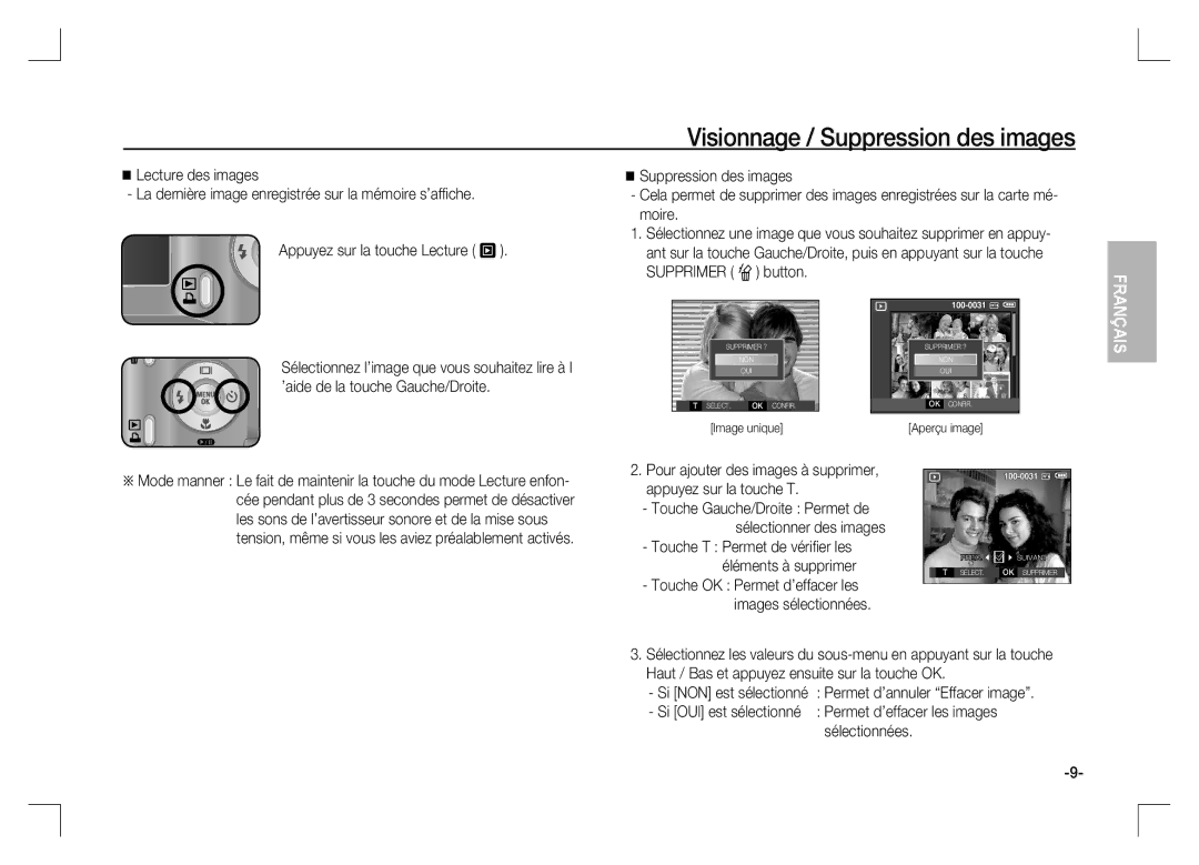 Samsung EC-S1060SBA/LV, EC-S1060BDA/E3, EC-S1060SDA/E3, EC-S1060SBA/E2, EC-S1060S01KFR Visionnage / Suppression des images 