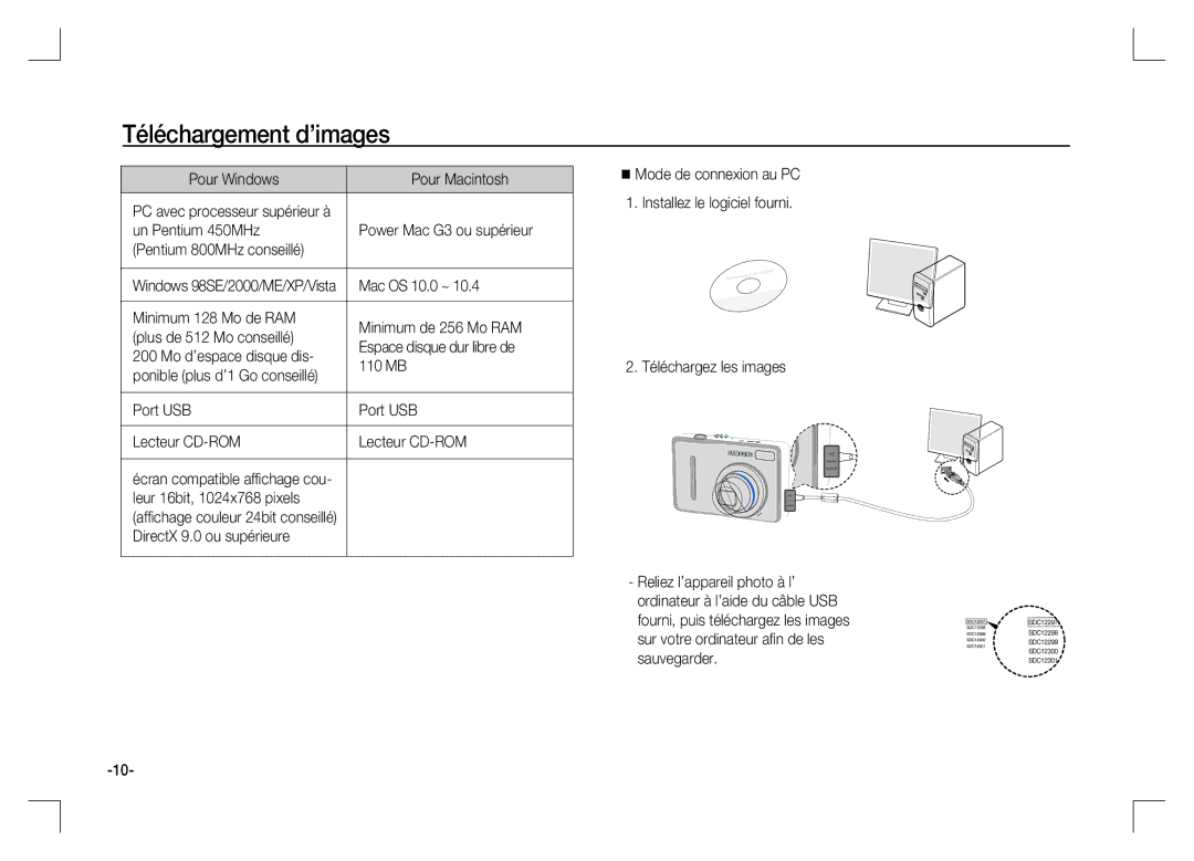 Samsung EC-S1060BDA/E3 manual Téléchargement d’images, Pour Windows Pour Macintosh, Mac OS 10.0 ~, Port USB Lecteur CD-ROM 