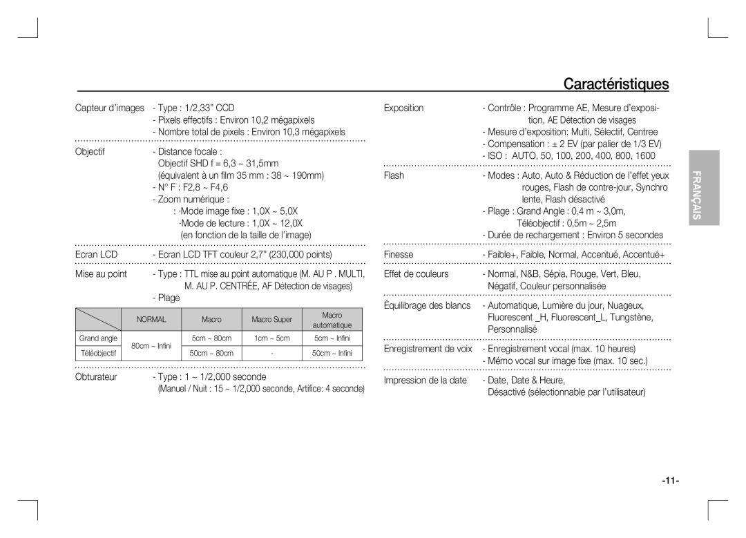 Samsung EC-S1060SDA/E3 Type 1/2,33 CCD Exposition, Objectif Distance focale, F2,8 ~ F4,6, Mise au point, Effet de couleurs 