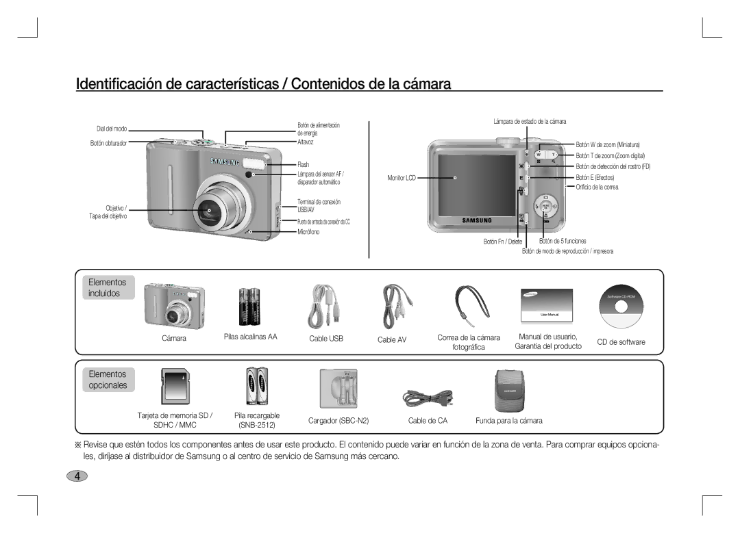 Samsung EC-S1060SBA/IT, EC-S1060BDA/E3 Identiﬁcación de características / Contenidos de la cámara, Elementos opcionales 