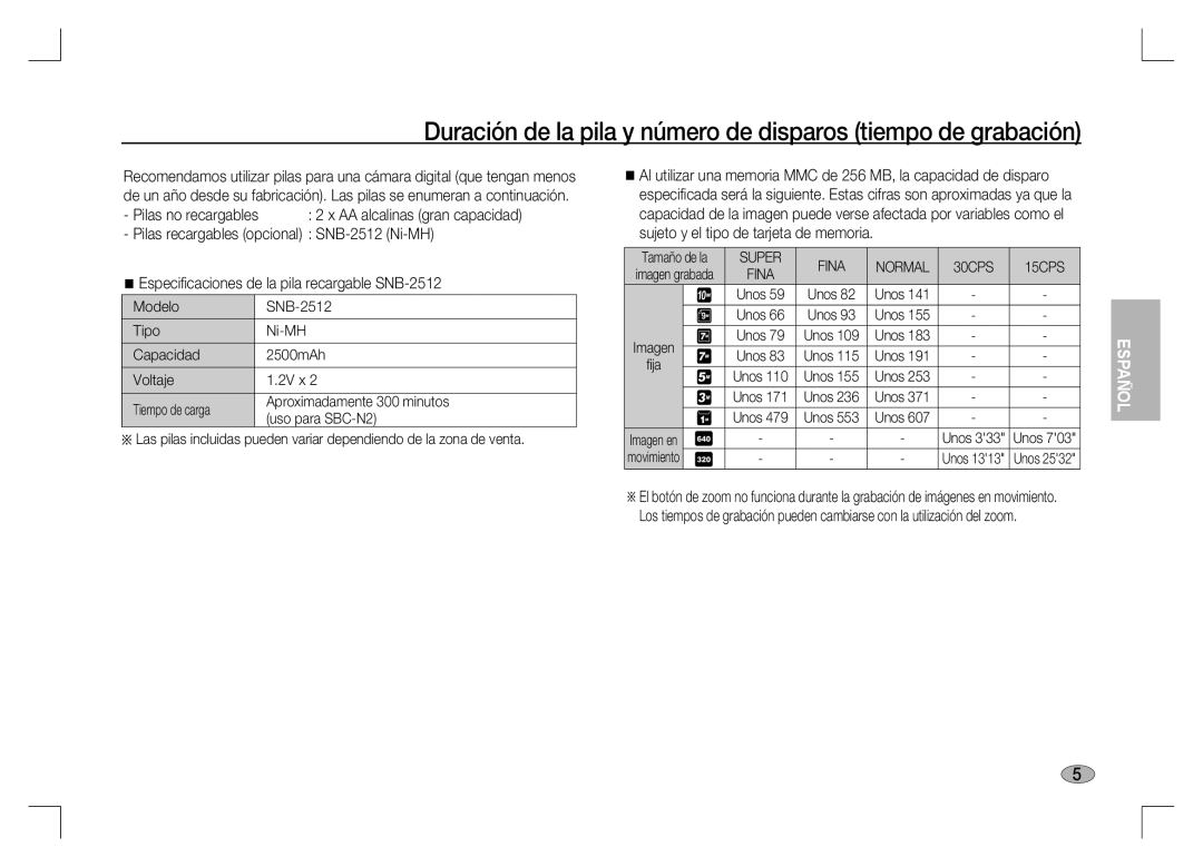 Samsung EC-S1060SBA/E1, EC-S1060BDA/E3, EC-S1060SDA/E3 manual Duración de la pila y número de disparos tiempo de grabación 