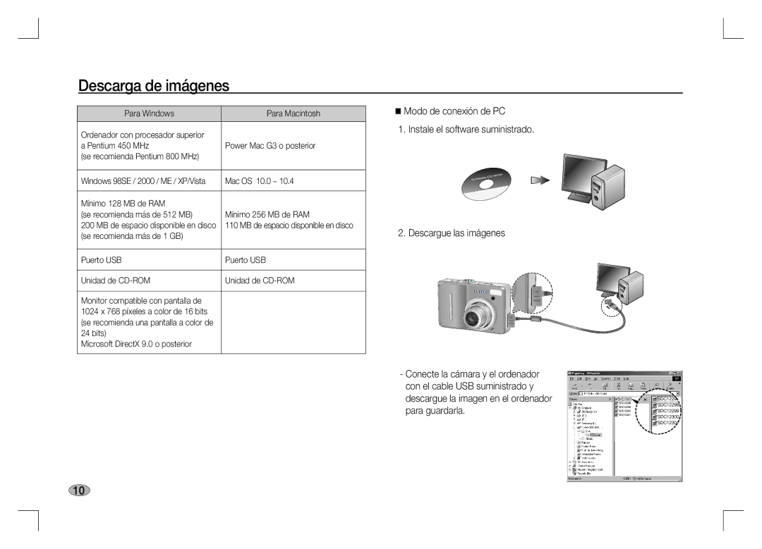 Samsung EC-S1060SBB/AS manual Descarga de imágenes, Para Windows Para Macintosh, Pentium 450 MHz Power Mac G3 o posterior 