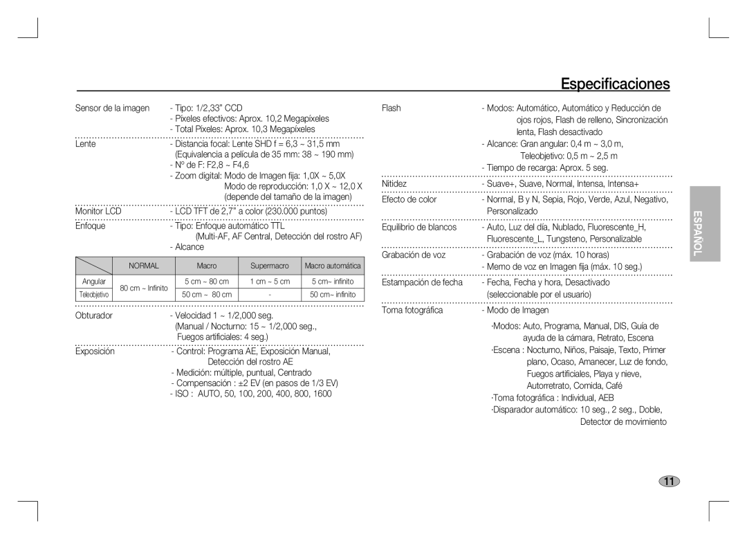 Samsung EC-S1060SDA/AS, EC-S1060BDA/E3, EC-S1060SDA/E3, EC-S1060SBA/E2, EC-S1060S01KFR, EC-S1060BBA/E2 manual Especiﬁcaciones 