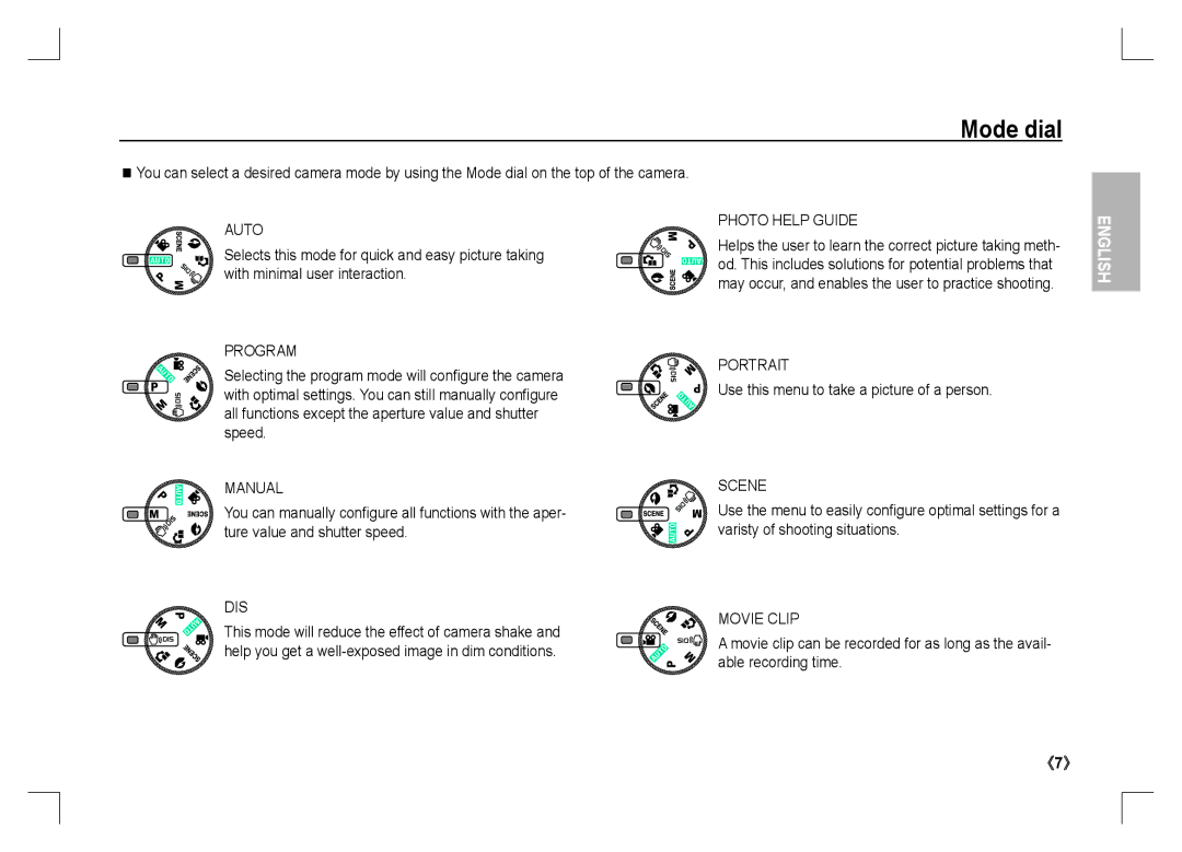 Samsung EC-S1060BBC/E1, EC-S1060BDA/E3, EC-S1060SDA/E3 manual Mode dial, Use this menu to take a picture of a person 