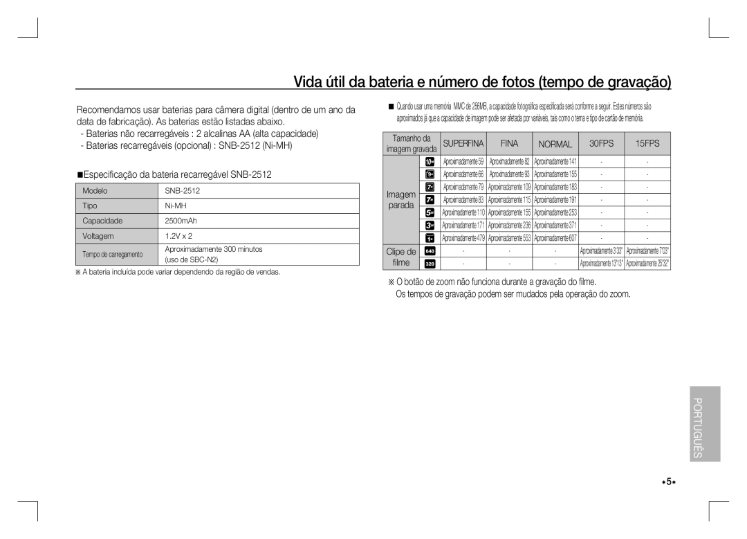 Samsung EC-S1060BBA/RU, EC-S1060BDA/E3, EC-S1060SDA/E3 manual Vida útil da bateria e número de fotos tempo de gravação, Lme 