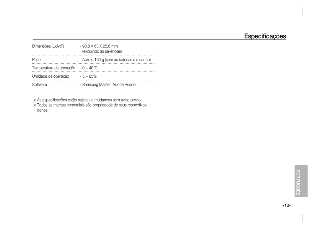 Samsung EC-S1060SBA/E2, EC-S1060BDA/E3, EC-S1060SDA/E3, EC-S1060S01KFR, EC-S1060BBA/E2 manual ~ 40C, Temperatura de operação 