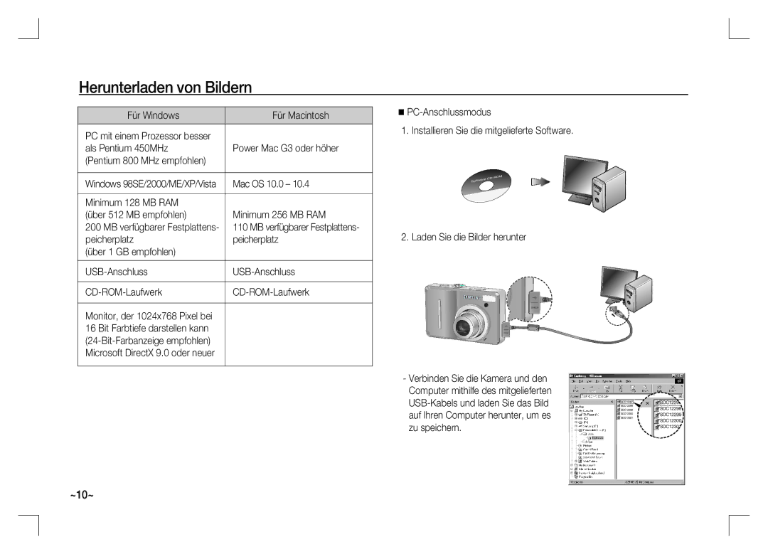 Samsung EC-S1060BDA/E3 Herunterladen von Bildern, Für Windows Für Macintosh, Als Pentium 450MHz Power Mac G3 oder höher 