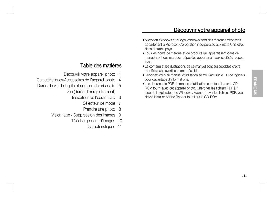 Samsung EC-S1060BBA/FR, EC-S1060BDA/E3, EC-S1060SDA/E3, EC-S1060SBA/E2 Découvrir votre appareil photo, Table des matières 