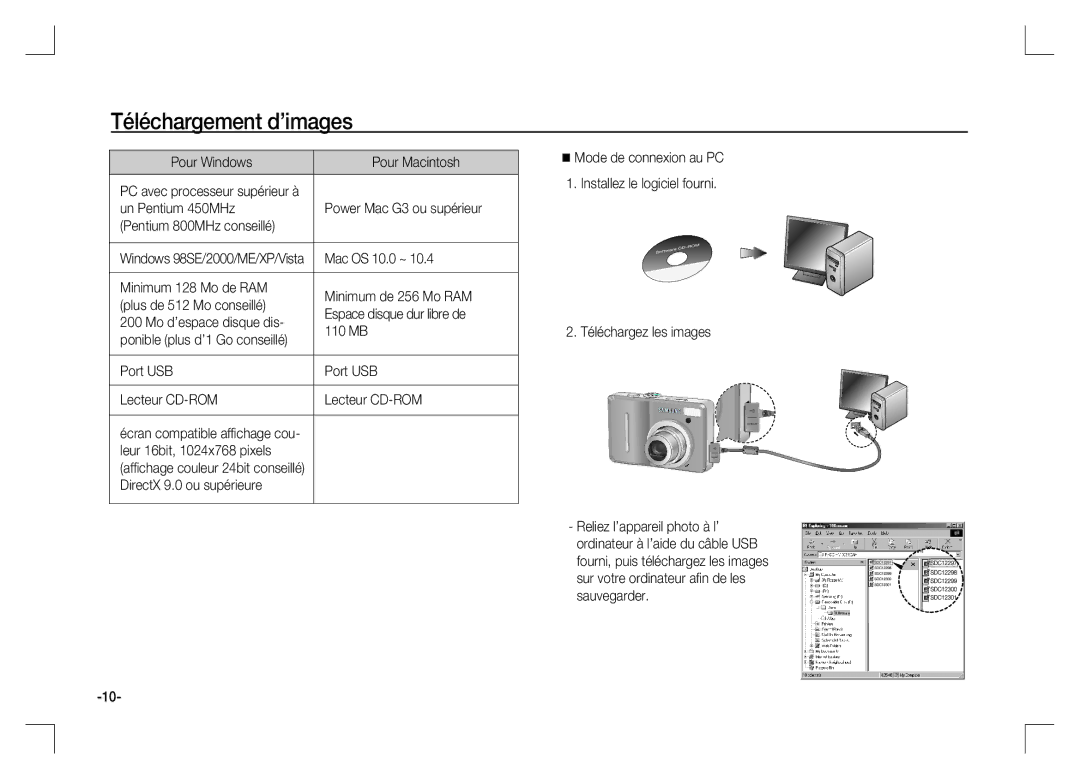 Samsung EC-S1060SBB/AS manual Téléchargement d’images, Pour Windows Pour Macintosh, Mac OS 10.0 ~, Port USB Lecteur CD-ROM 