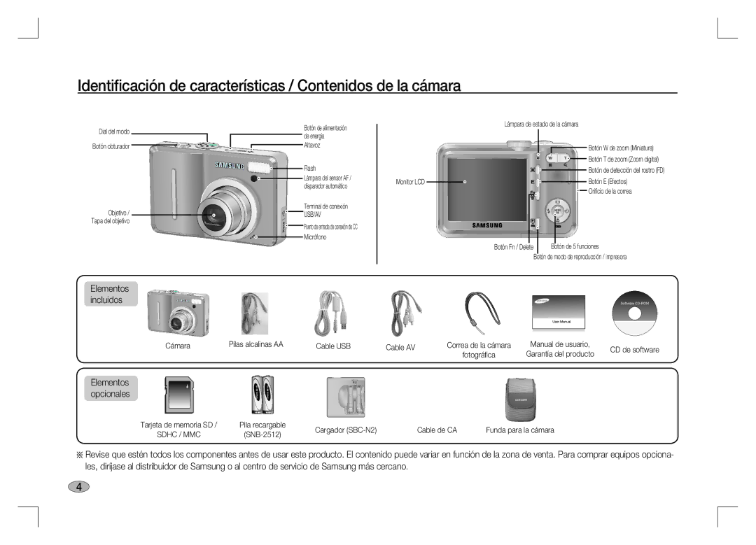 Samsung EC-S1060SBA/LV, EC-S1060BDA/E3 Identiﬁcación de características / Contenidos de la cámara, Elementos opcionales 