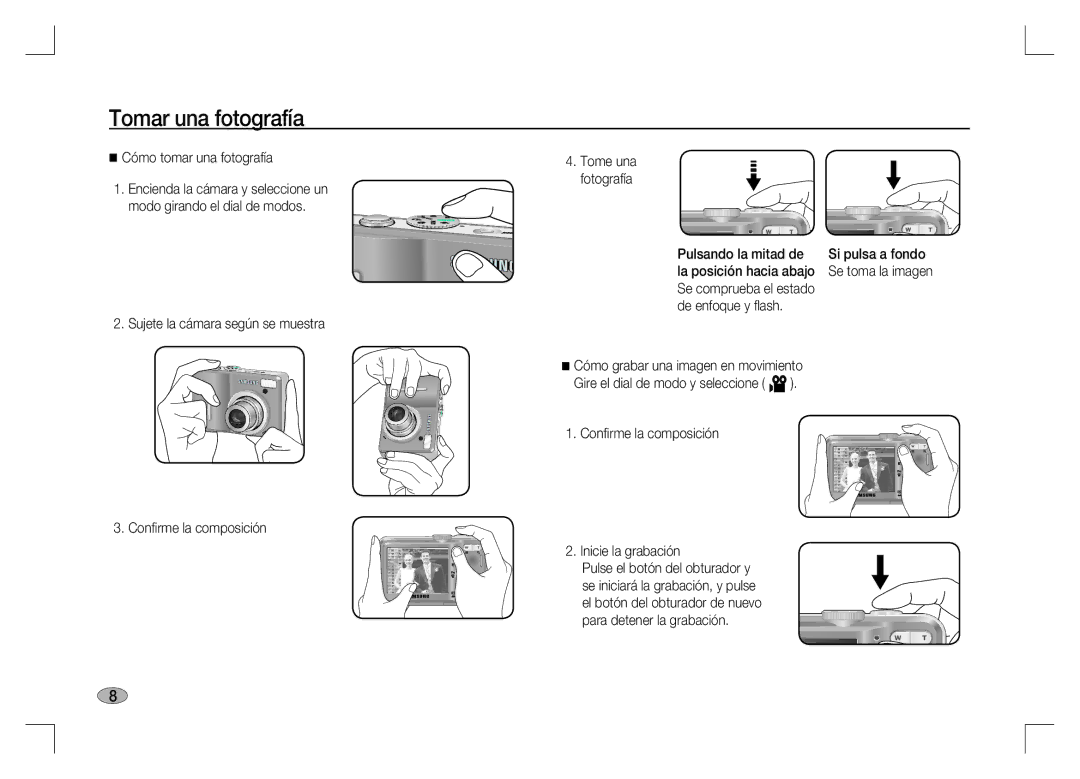 Samsung EC-S1060S01KFR, EC-S1060BDA/E3 manual Tomar una fotografía, Cómo tomar una fotografía, Pulsando la mitad de 