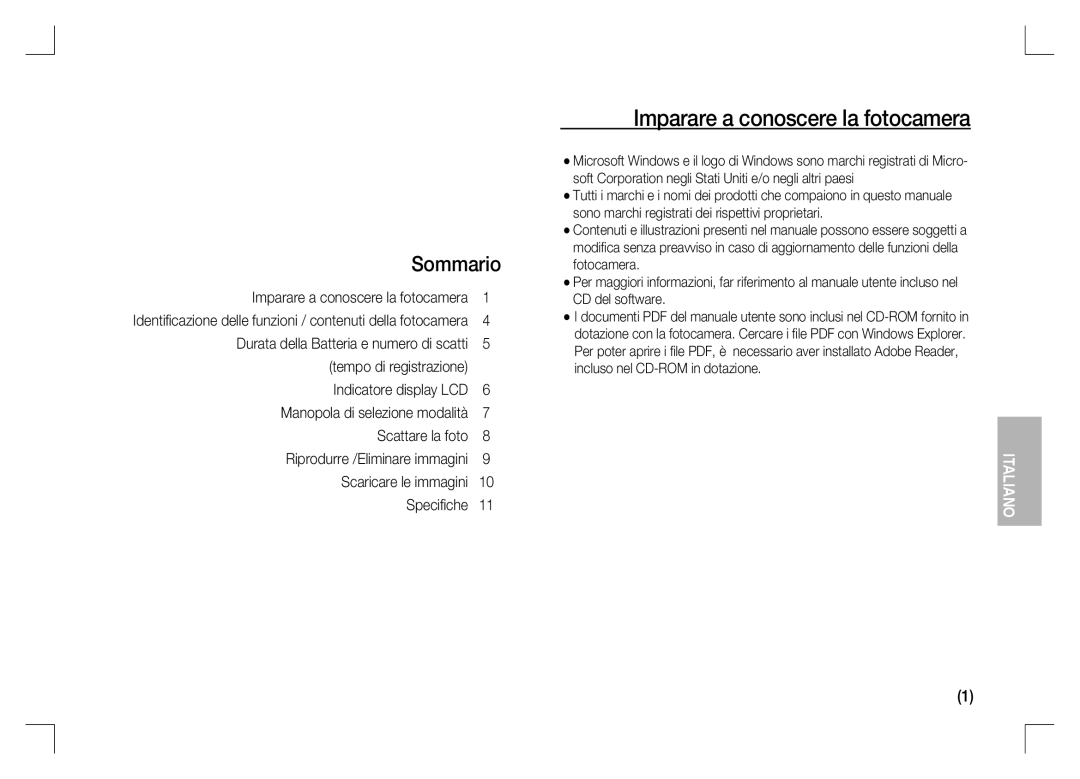 Samsung EC-S1060BBA/IT, EC-S1060BDA/E3, EC-S1060SDA/E3, EC-S1060SBA/E2 manual Imparare a conoscere la fotocamera, Sommario 