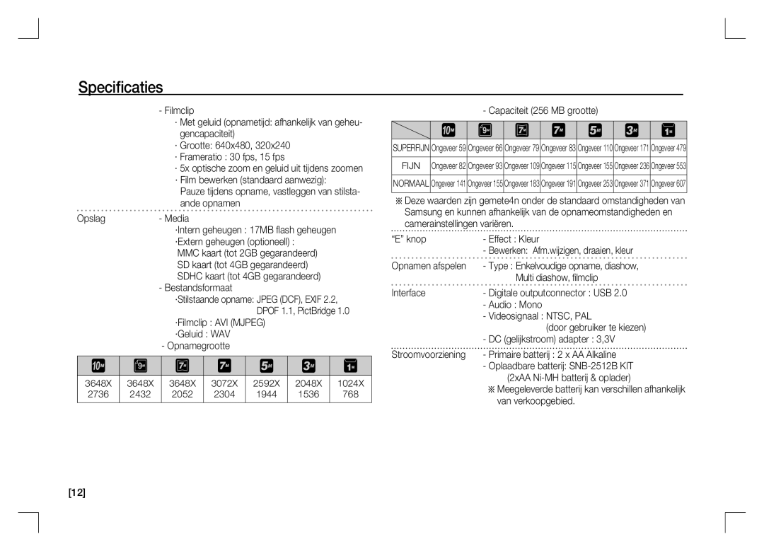 Samsung EC-S1060BBA/IT manual Bestandsformaat, ·Filmclip AVI Mjpeg ·Geluid WAV Opnamegrootte, Capaciteit 256 MB grootte 