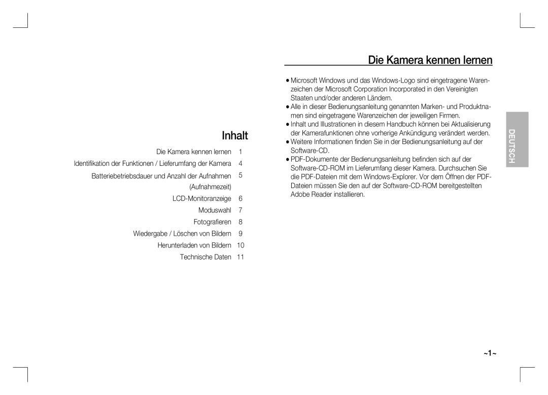 Samsung EC-S1060BBA/VN, EC-S1060BDA/E3 Inhalt, Die Kamera kennen lernen, Batteriebetriebsdauer und Anzahl der Aufnahmen 