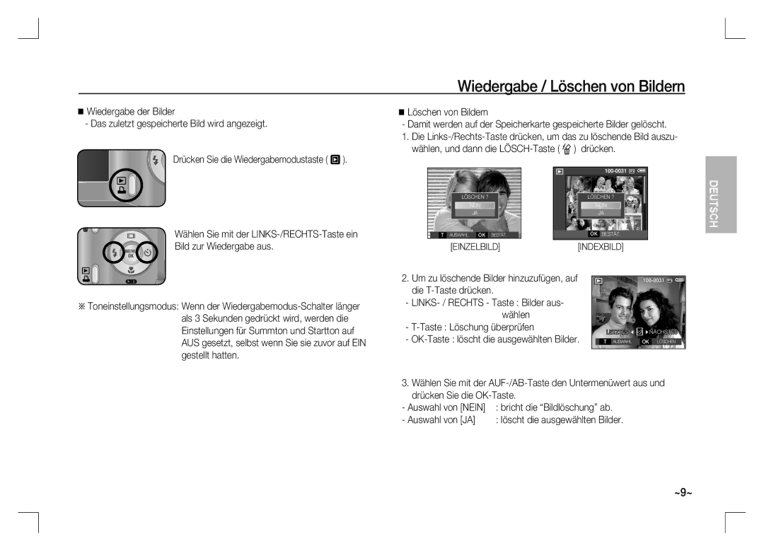 Samsung EC-S1060SBA/LV, EC-S1060BDA/E3 manual Wiedergabe / Löschen von Bildern, Taste Löschung überprüfen, Auswahl von JA 