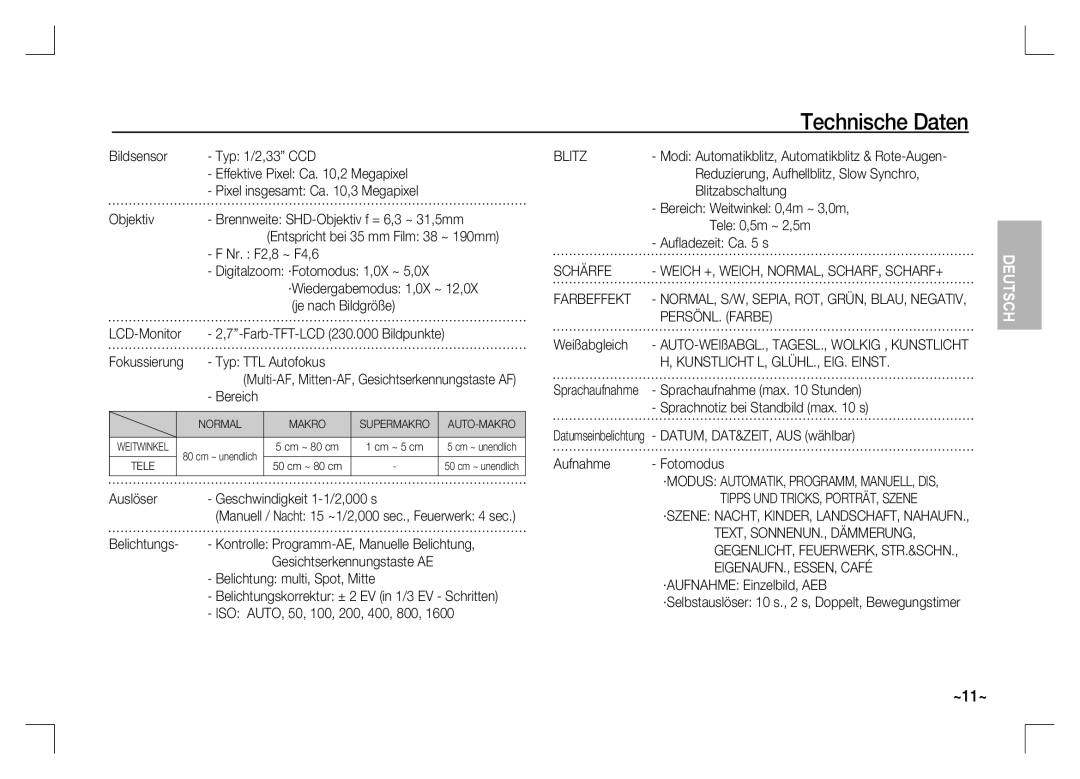 Samsung EC-S1060SDA/E3, EC-S1060BDA/E3, EC-S1060SBA/E2, EC-S1060S01KFR, EC-S1060BBA/E2, EC-S1060SBA/FR manual Technische Daten 