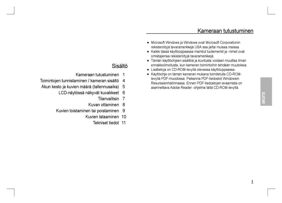 Samsung EC-S1060BBA/FR, EC-S1060BDA/E3, EC-S1060SDA/E3, EC-S1060SBA/E2, EC-S1060S01KFR manual Sisältö, Kameraan tutustuminen 