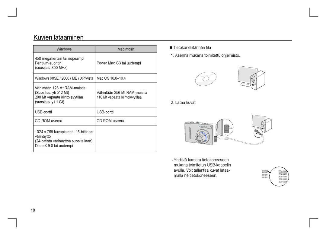 Samsung EC-S1060SBB/AS, EC-S1060BDA/E3, EC-S1060SDA/E3 manual Kuvien lataaminen, Mac OS, Värinäyttö, DirectX 9.0 tai uudempi 