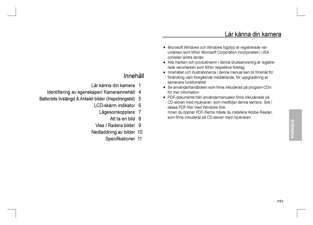 Samsung EC-S1060BBB/RU, EC-S1060BDA/E3, EC-S1060SDA/E3, EC-S1060SBA/E2, EC-S1060S01KFR manual Innehåll, Lär känna din kamera 