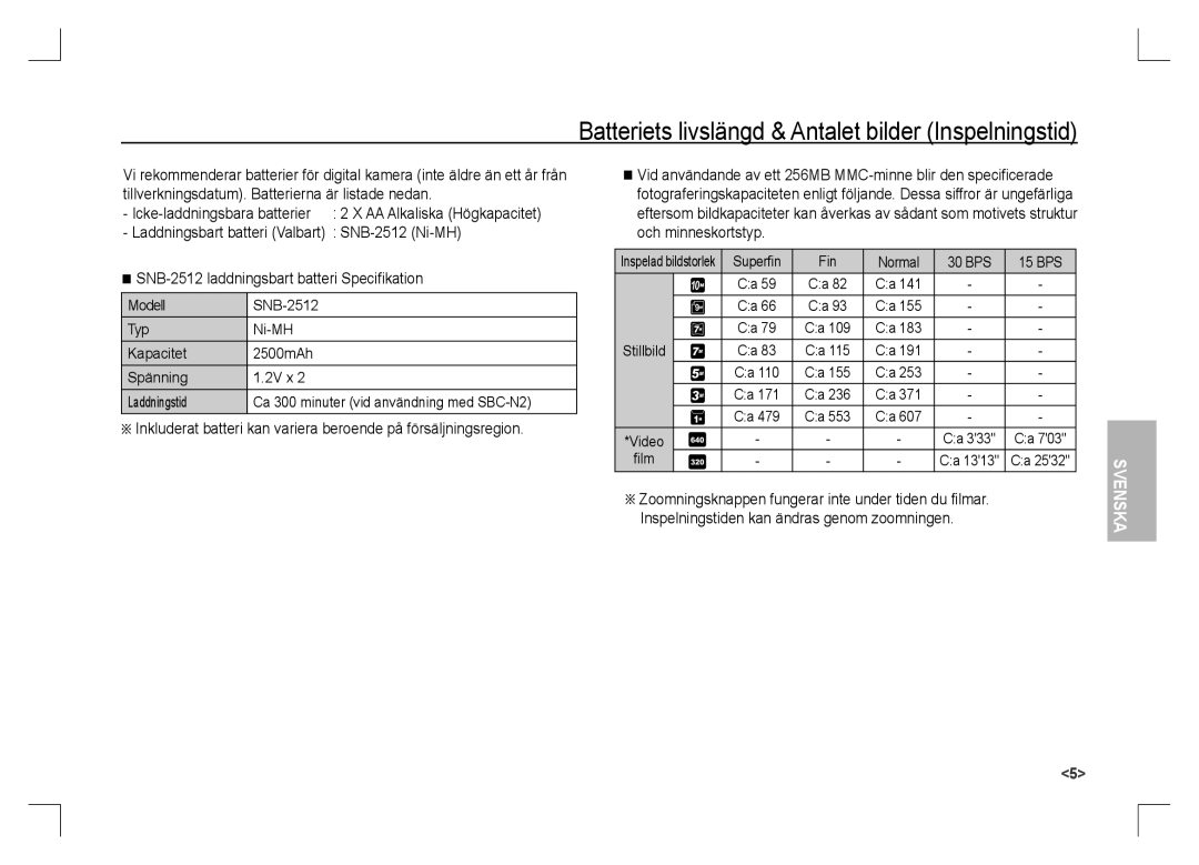 Samsung EC-S1060BDA/E3 manual Batteriets livslängd & Antalet bilder Inspelningstid, Superﬁn Fin Normal 30 BPS 15 BPS, ﬁlm 