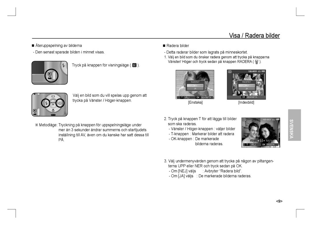 Samsung EC-S1060BBA/E2 manual Visa / Radera bilder, Tryck på knappen för visningsläge Î, Avbryter Radera bild, Enstaka 