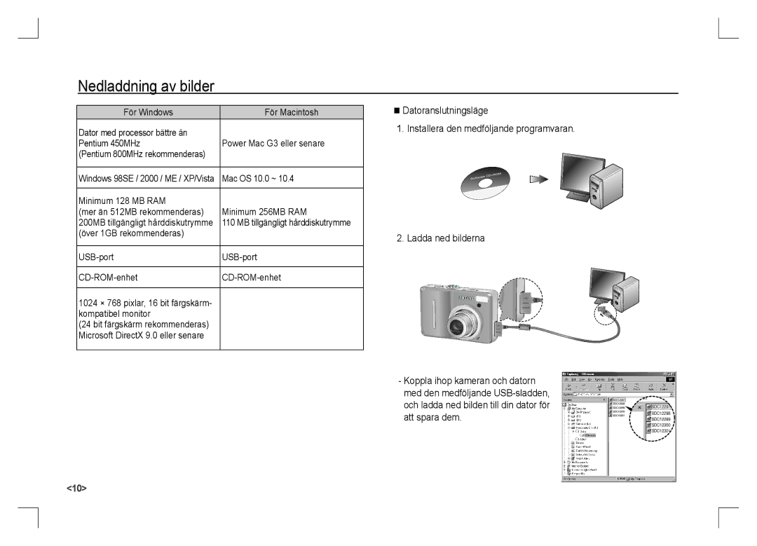 Samsung EC-S1060SBA/FR manual Nedladdning av bilder, Över 1GB rekommenderas USB-port CD-ROM-enhet, Kompatibel monitor 