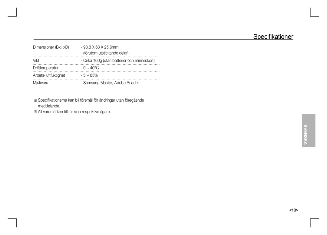 Samsung EC-S1060BBC/E1, EC-S1060BDA/E3, EC-S1060SDA/E3, EC-S1060SBA/E2 Förutom utstickande delar, Vikt, Dimensioner BxHxD 