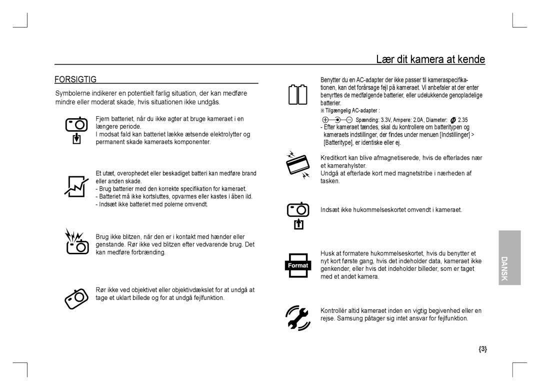 Samsung EC-S1060SDB/AS, EC-S1060BDA/E3, EC-S1060SDA/E3, EC-S1060SBA/E2, EC-S1060S01KFR manual Forsigtig, Tilgængelig AC-adapter 