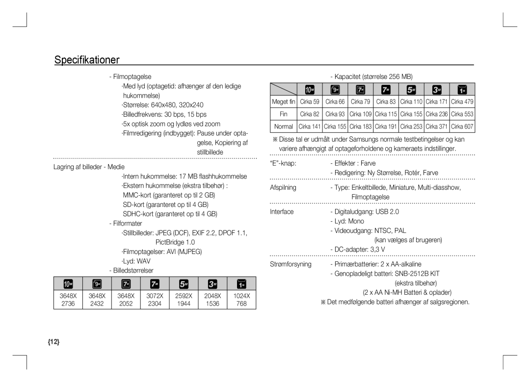 Samsung EC-S1060BBB/RU manual Lagring af billeder Medie, Kapacitet størrelse 256 MB, Filmoptagelse, Ekstra tilbehør 