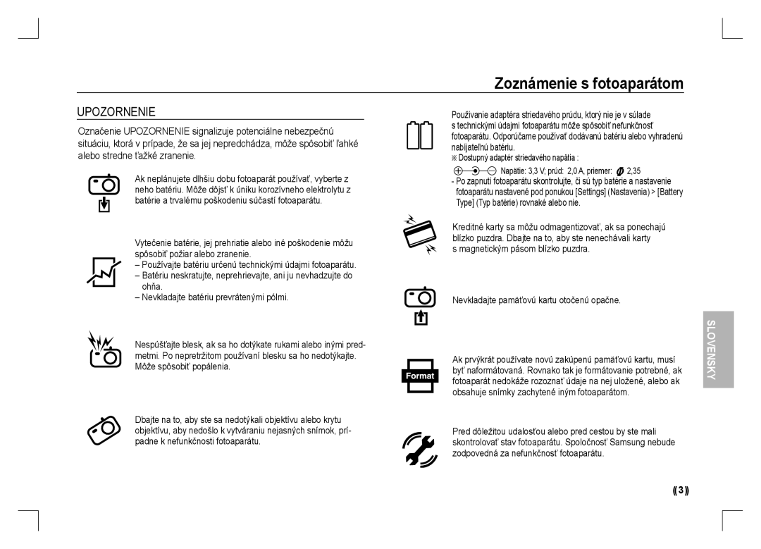 Samsung EC-S1060SBA/VN, EC-S1060BDA/E3, EC-S1060SDA/E3, EC-S1060SBA/E2 Upozornenie, Dostupný adaptér striedavého napätia 