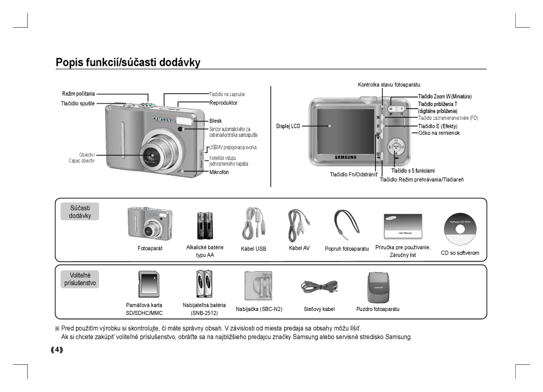 Samsung EC-S1060SDC/AS, EC-S1060BDA/E3 manual Popis funkcií/súčasti dodávky, Súčasti Dodávky, Voliteľné Príslušenstvo 