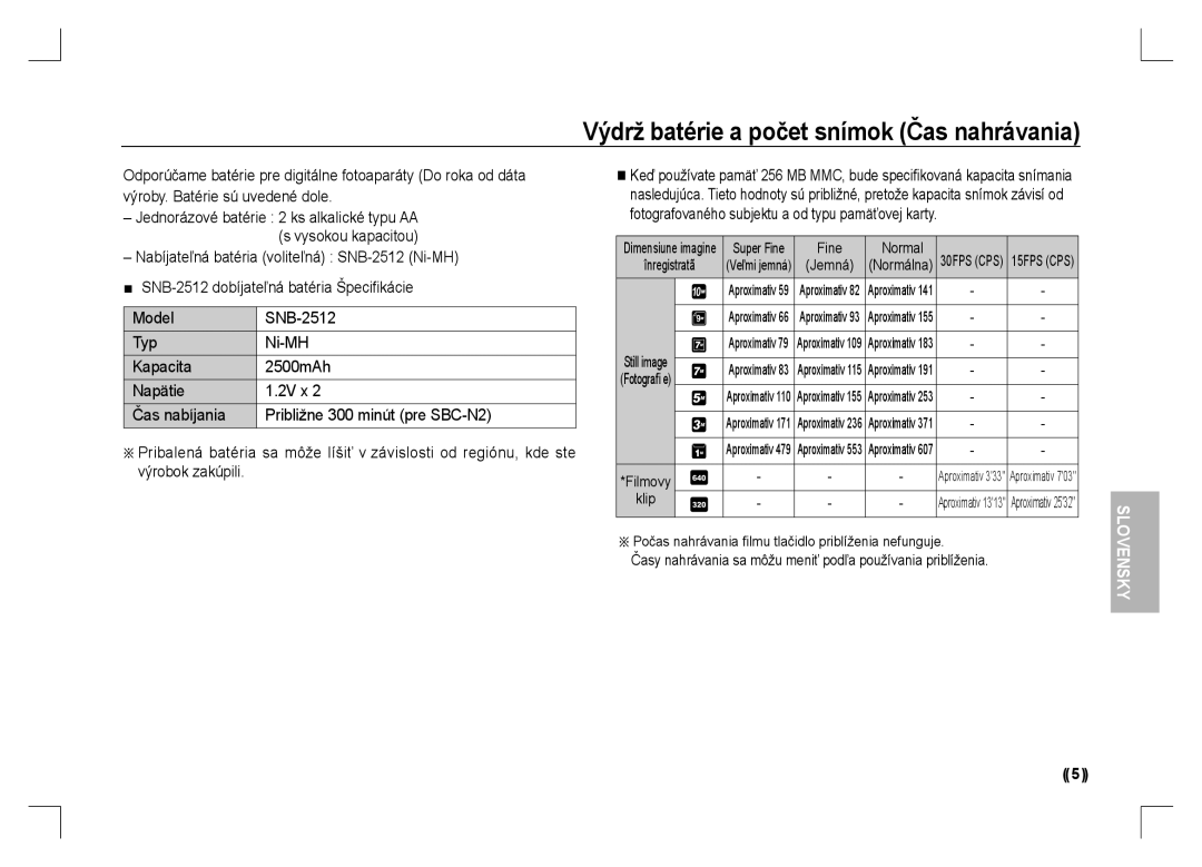 Samsung EC-S1060BBA/RU, EC-S1060BDA/E3, EC-S1060SDA/E3 manual Výdrž batérie a počet snímok Čas nahrávania, Fine Normal, Klip 