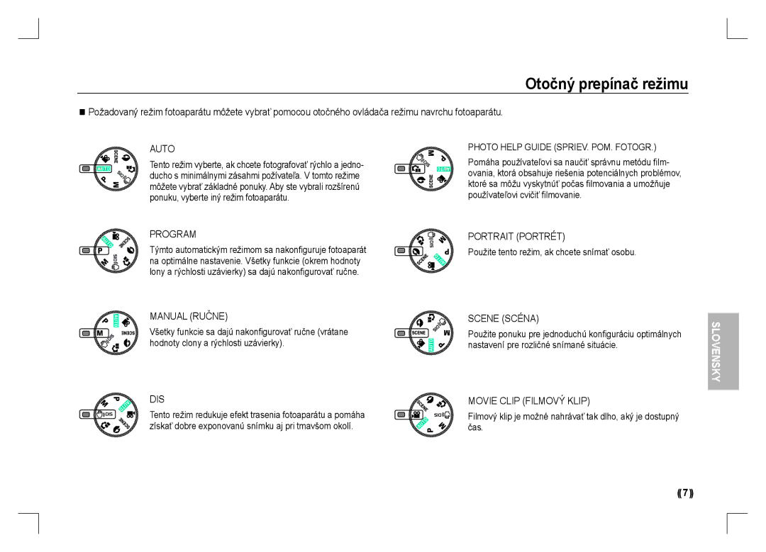 Samsung EC-S1060BBB/RU manual Otočný prepínač režimu, Manual Ručne, Portrait Portrét, Scene Scéna, Movie Clip Filmový Klip 