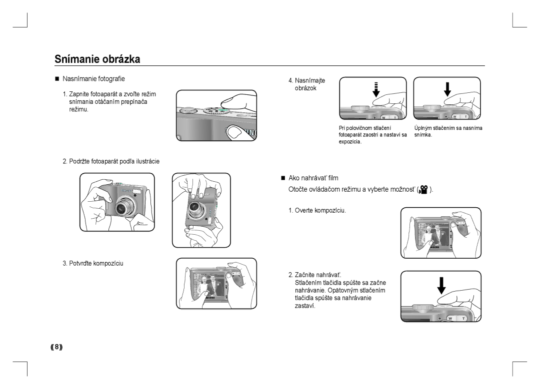 Samsung EC-S1060SBB/RU, EC-S1060BDA/E3 manual Snímanie obrázka, Nasnímanie fotograﬁe, Overte kompozíciu Začnite nahrávať 