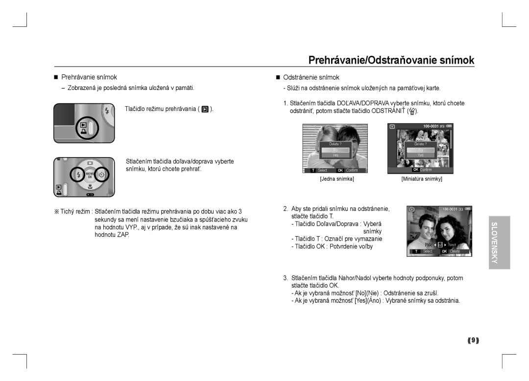 Samsung EC-S1060BBA/LV Prehrávanie snímok Odstránenie snímok, Tlačidlo T Označí pre vymazanie Tlačidlo OK Potvrdenie voľby 