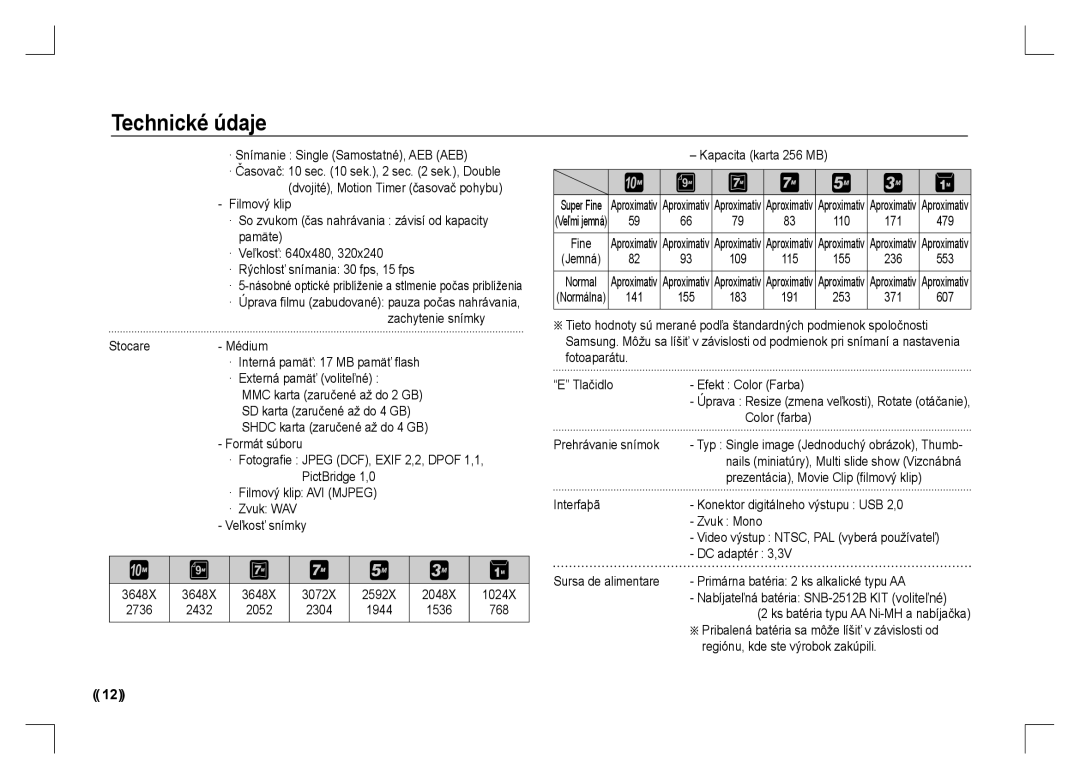 Samsung EC-S1060SDA/E3 · Snímanie Single Samostatné, AEB AEB, 2736 2432 2052 2304 1944 1536 768 Kapacita karta 256 MB 